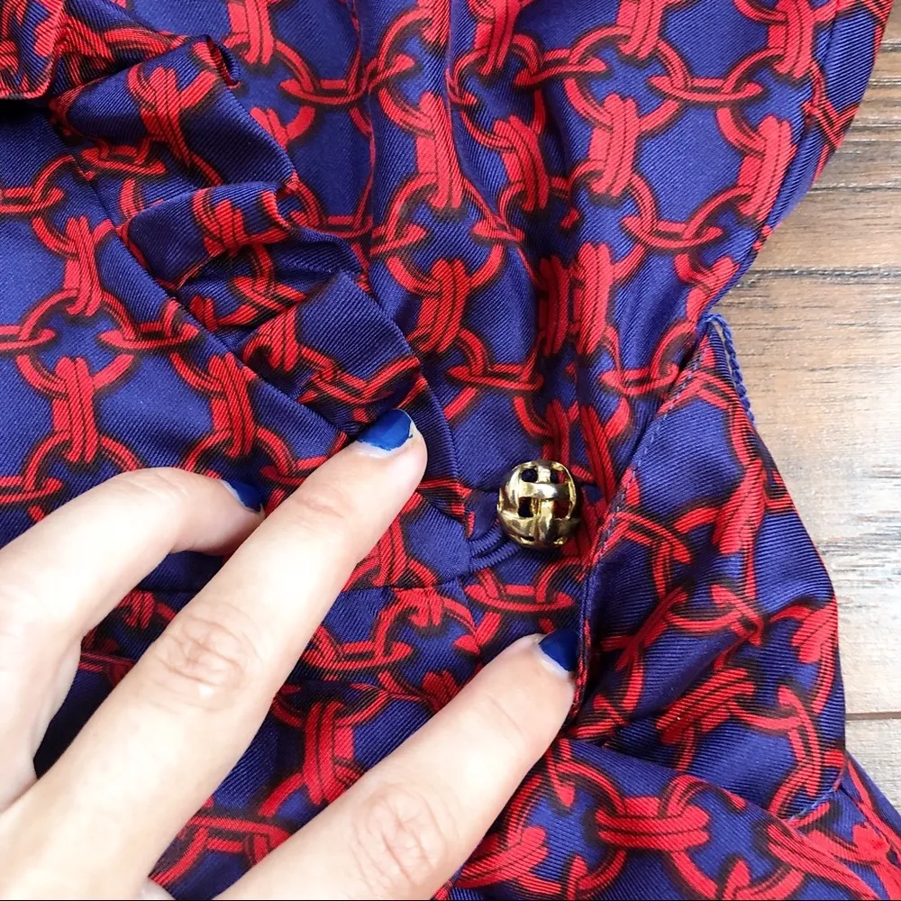 Elizabeth McKay • Scotland wrap dress ruffle silk red & navy blue chain link Size 6 - Image 7