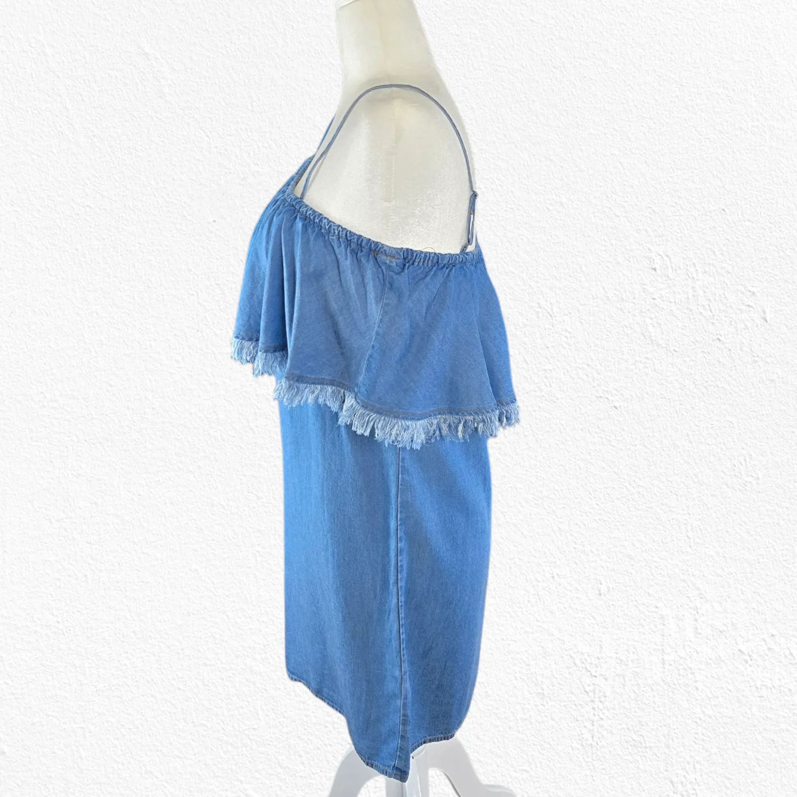 Splendid One Shoulder Indigo Tencel Ruffle Fringe Chambray Dress Size Large - Image 5