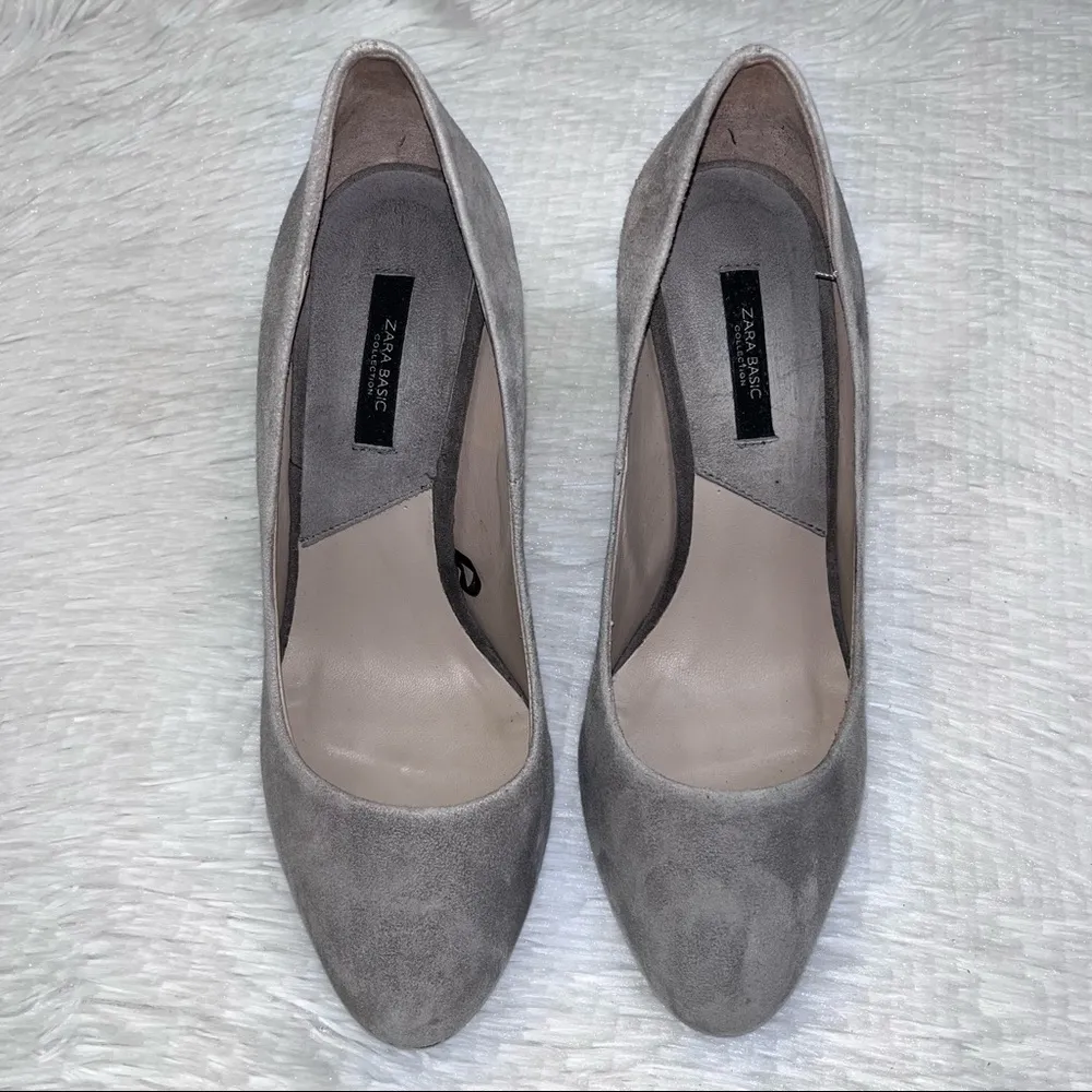ZARA  Basic Grey Suede Rounded Point Toe Heels Pumps 38 - Image 3