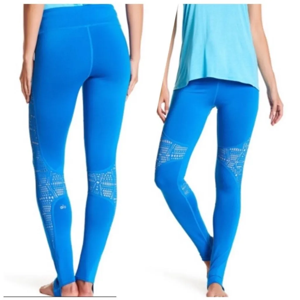 ALO YOGA Blue West Coast Laser Cut Detail Full Length Stirrup Leggings Size L - Image 3