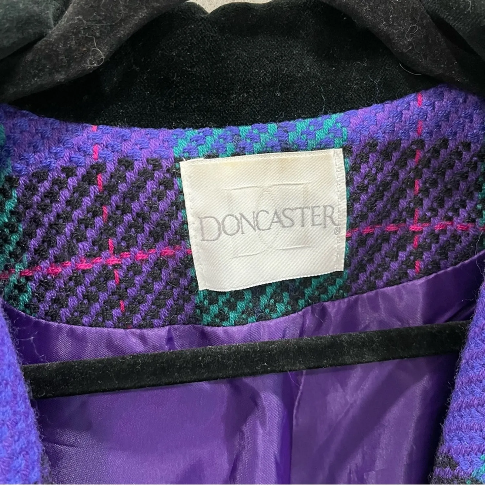 Vintage Don Caster 100% Wool Purple Plaid Lined Blazer Velvet Size 14 Petite - Image 2