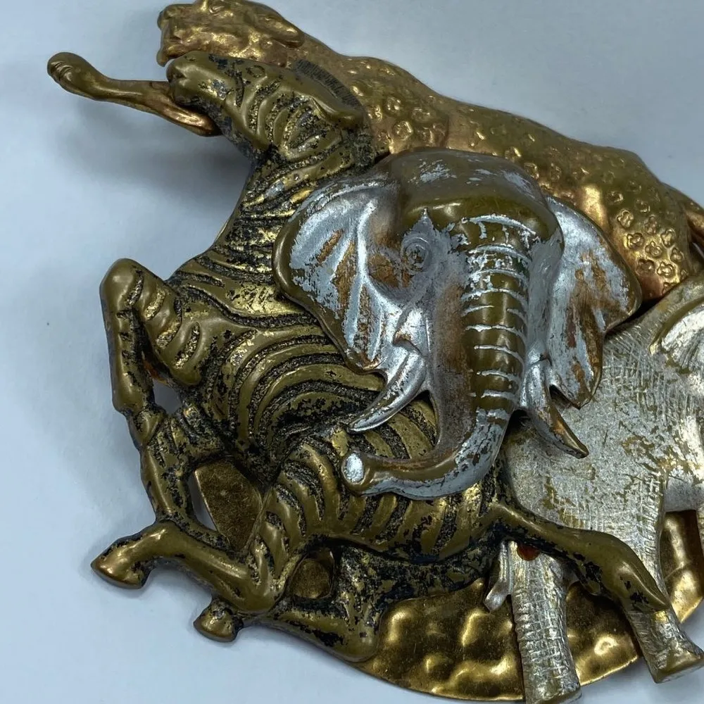Animal Safari Vintage Brooch Gold Silver Tones Metal Elephant Zebra Cheetah Cat - Image 8