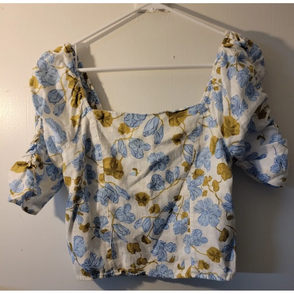 Joie Linen Floral Square Neck Smocked Puff Sleeve Cropped Top Women L - Image 8