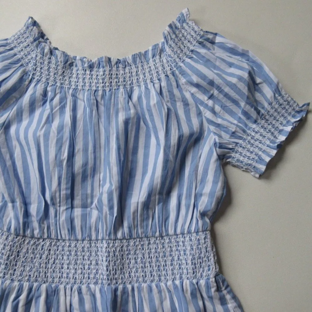 NWT J.Crew Smocked Puff-sleeve in Blue Cotton Poplin Stripe Dress XXS - Image 3