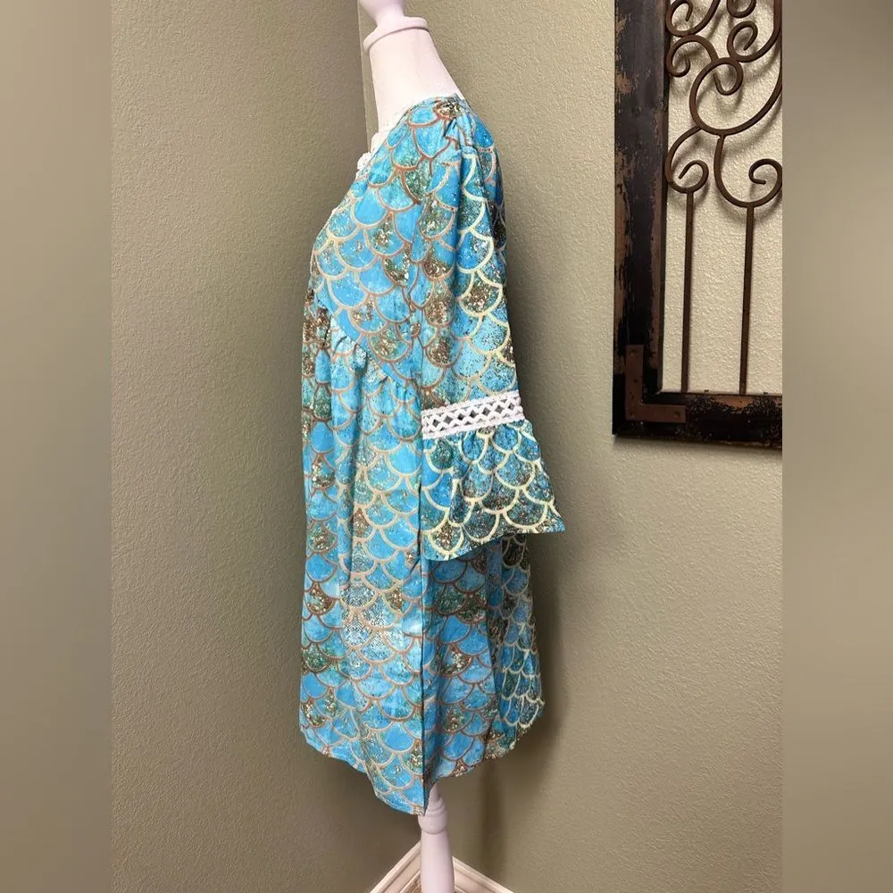 Boutique gold & teal boho embroidered lace vneck 3/4 sleeve pleated dress Size M - Image 4