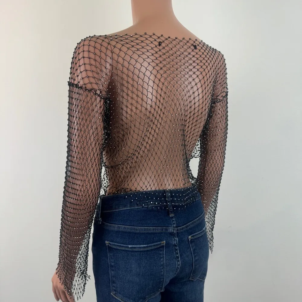 Women's Night Club Festival Party Bejeweled Mesh Crop Top Size Small Black - Image 6