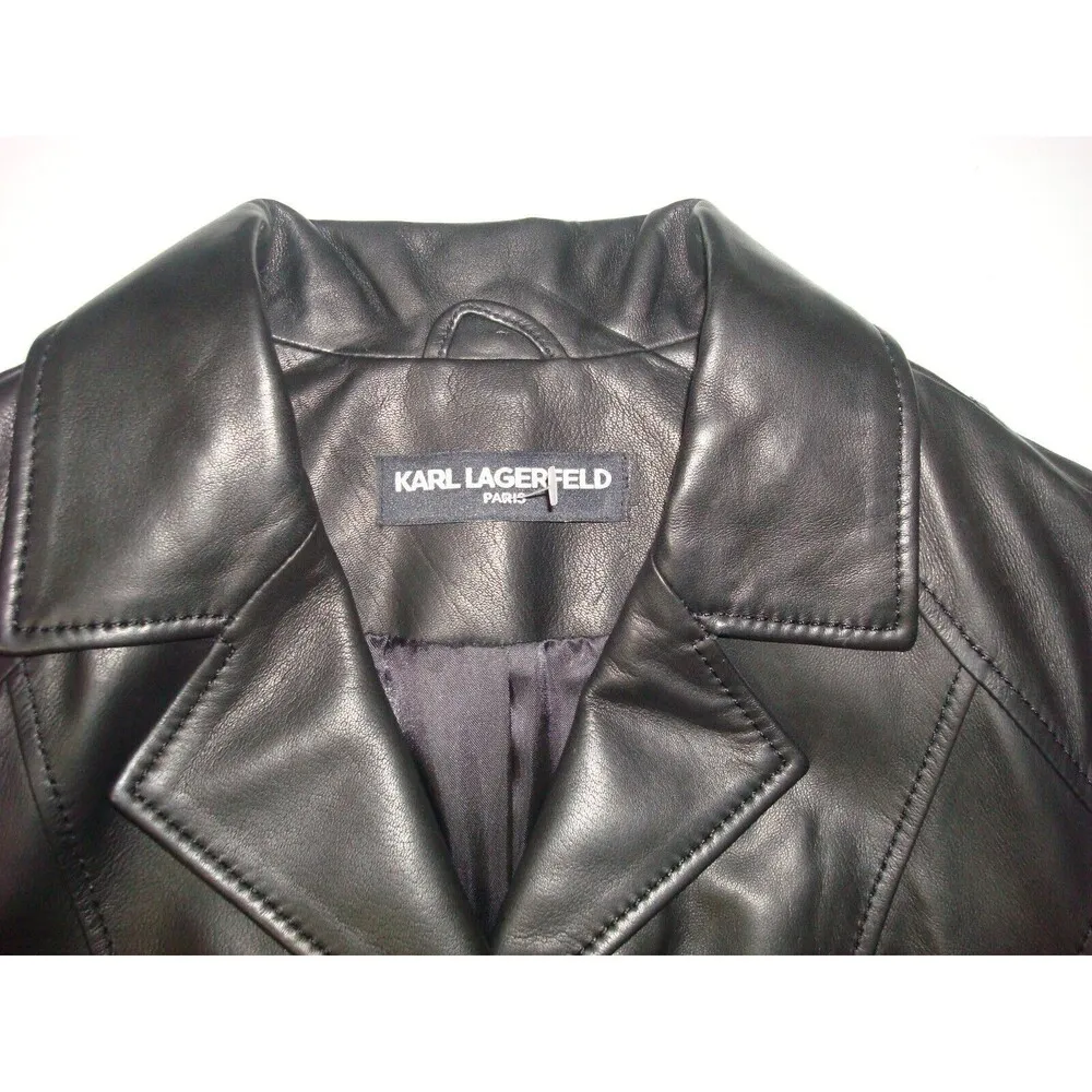 New NWT Karl Lagerfeld Paris Black Leather Jacket Long S Womens Buttons Silver - Image 2