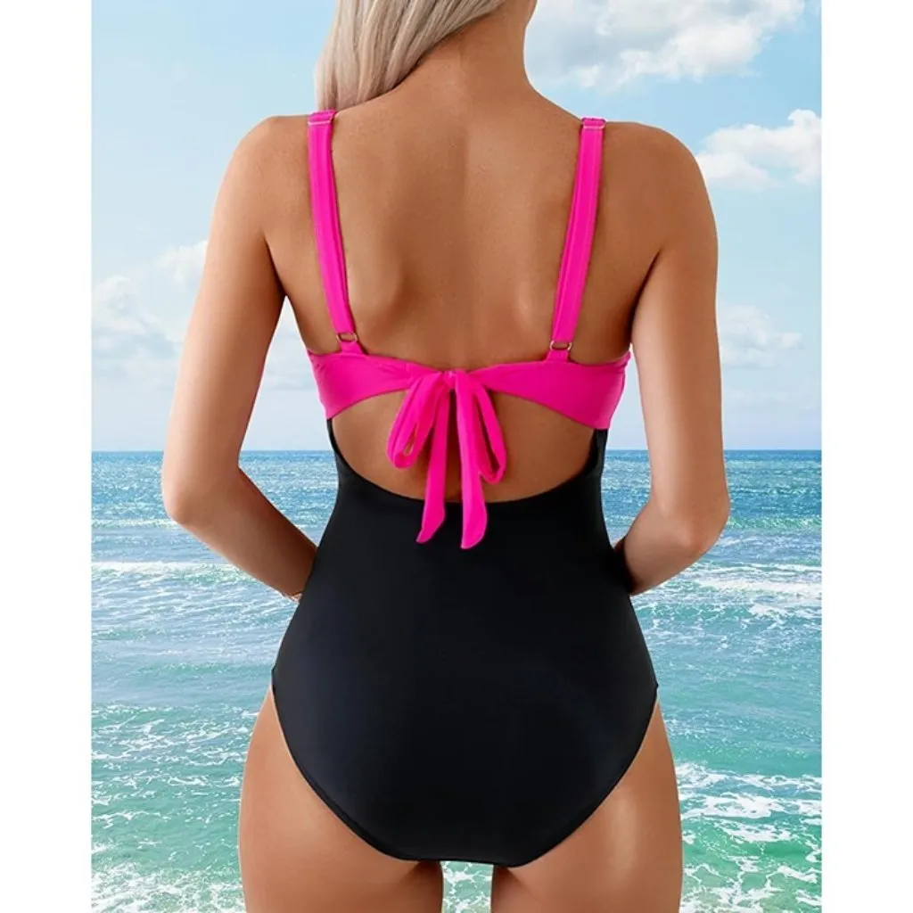 Color Block One Piece Swimsuit Slimming Cut Out Bathing Suit SMALL-MEDIUM - Image 3