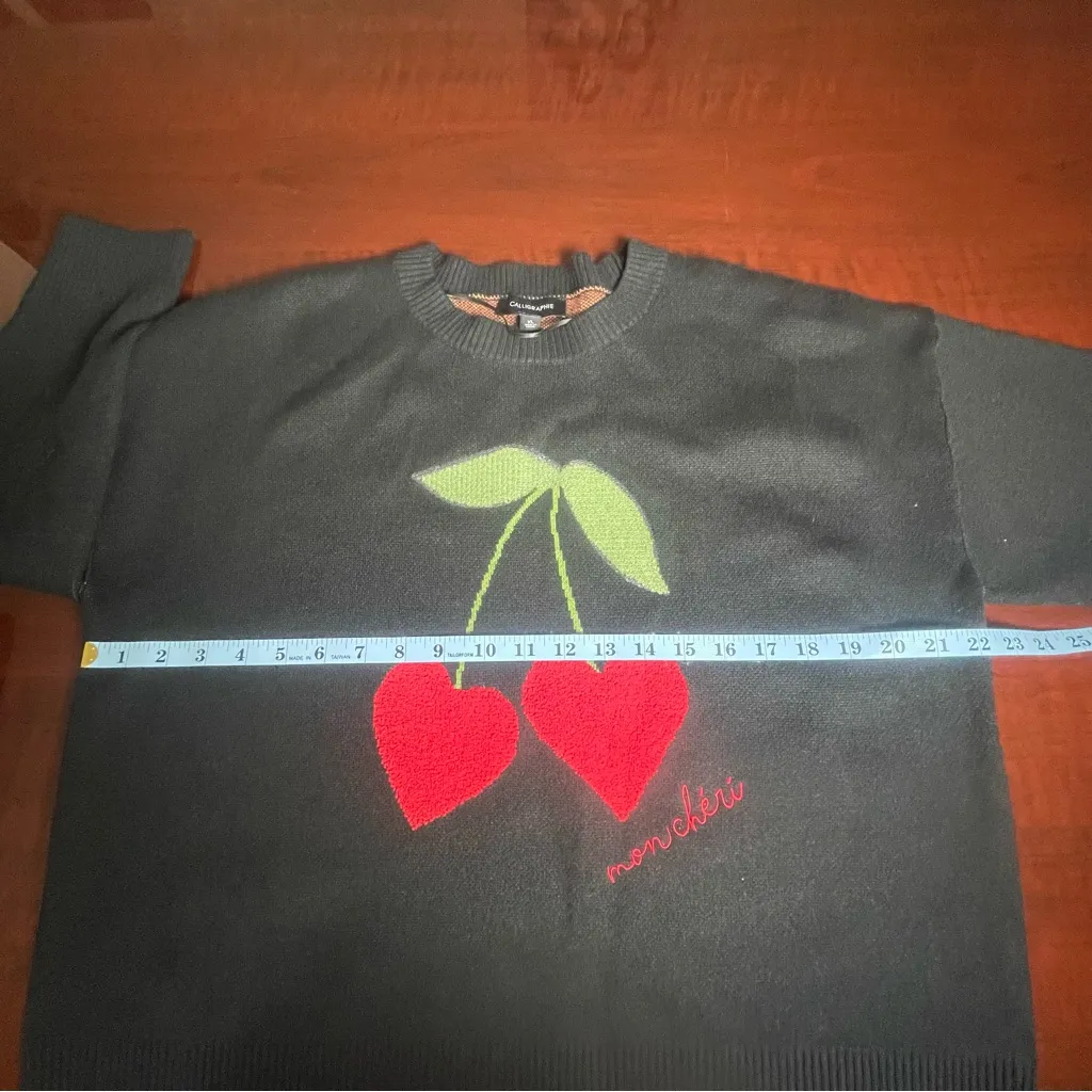 Anthropologie Calligraphie Black Novelty Sweater Red Cherry Design Sequins Sz XL - Image 6