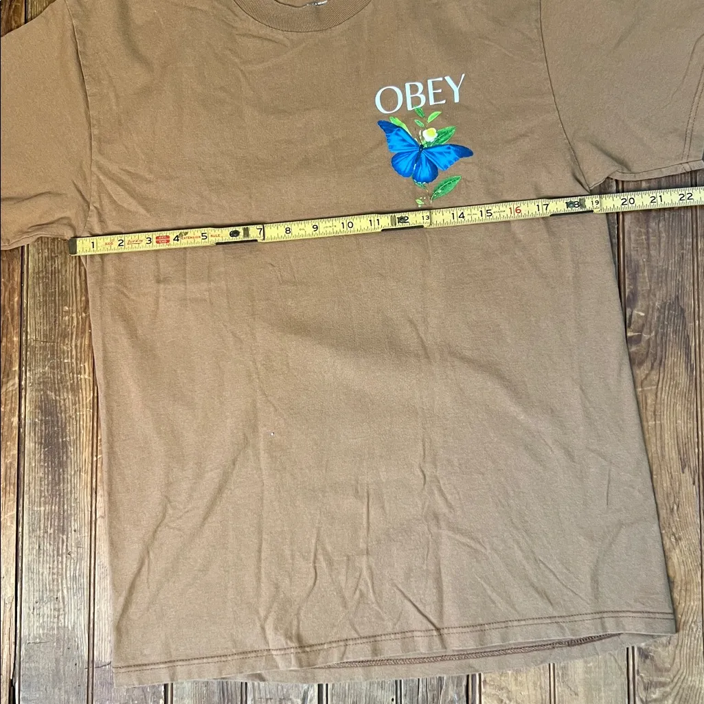 Obey Brown Tee shirt with Blue Butterfly Graphic - Image 4