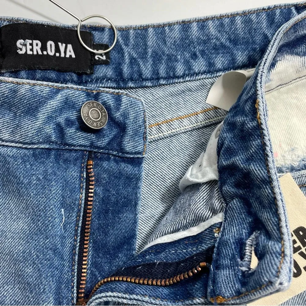 NWT SER.O.YA‎ Lex Olympia Bleached Raw Hem Jean Shorts Size 26 Retrofete Blue - Image 9