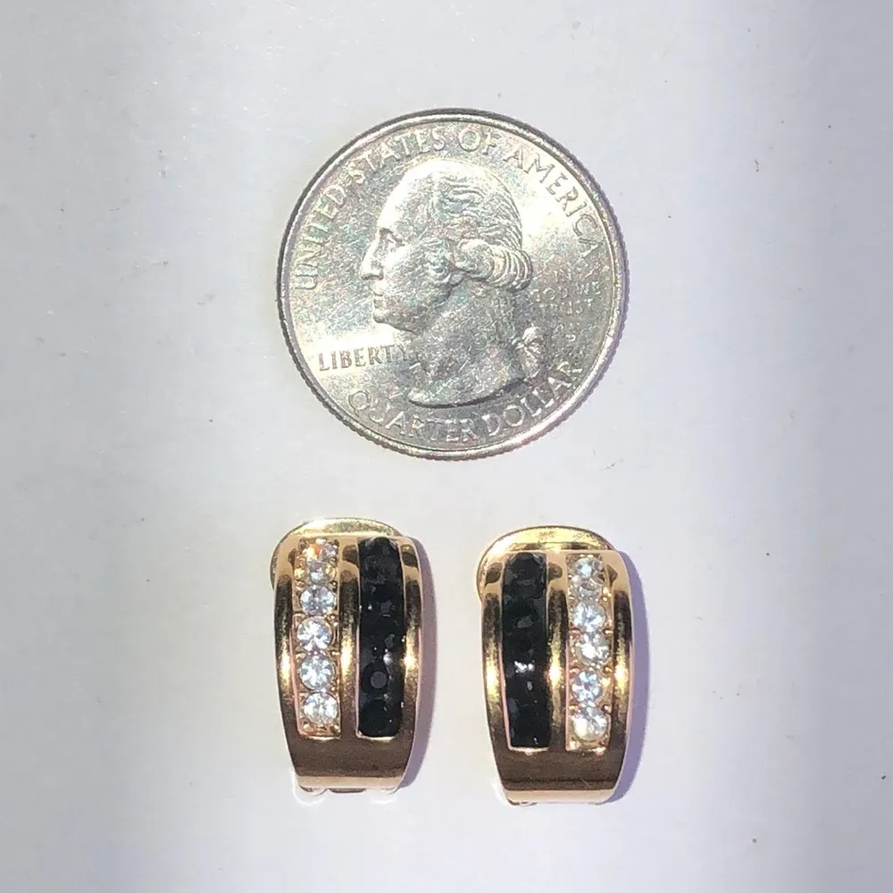 Roman Vintage Gold Tone Black & Clear CZ Rhinestone Hoop Clip On Earrings - Image 2