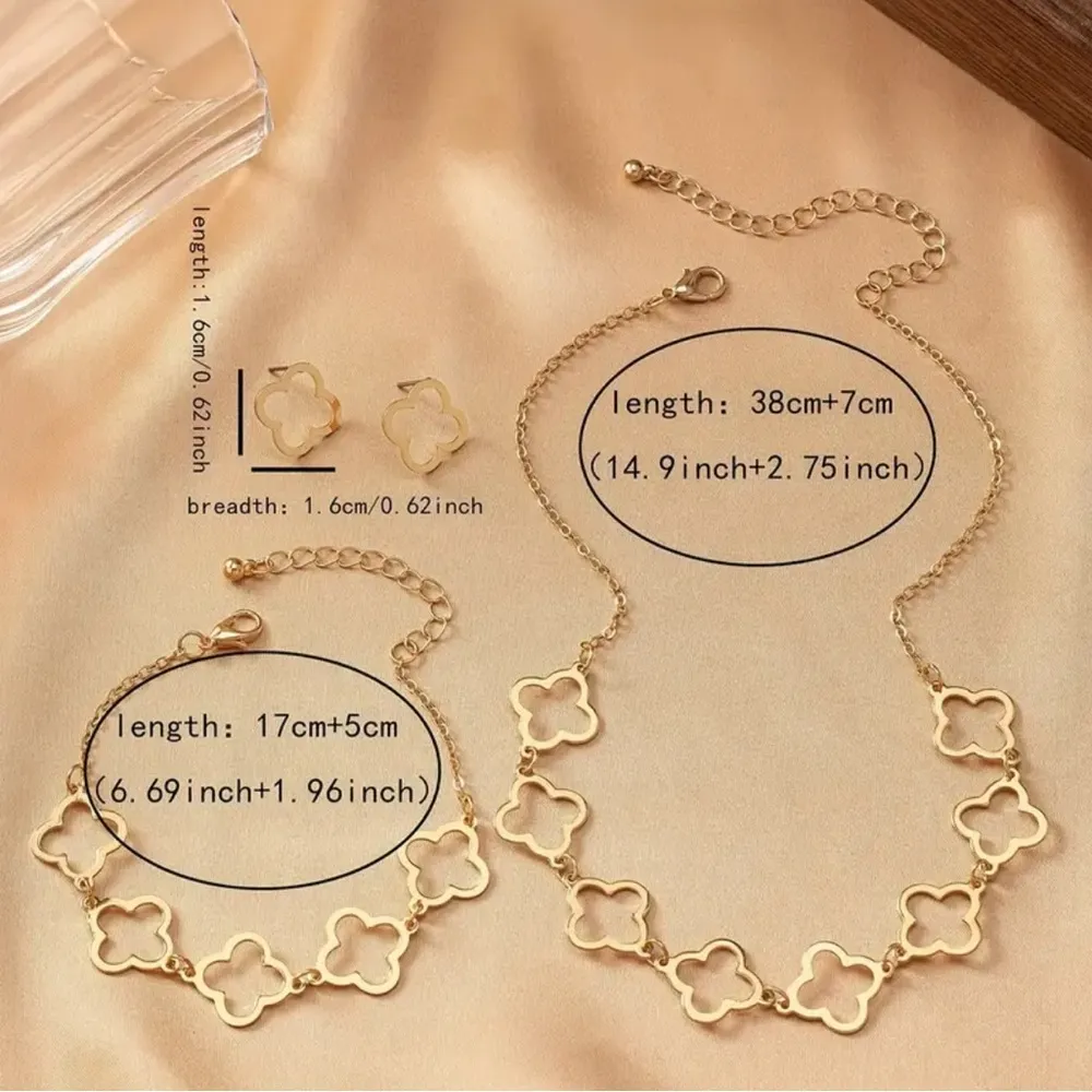 Clover Neckalce Bracelet Earring Set for Women 14K Gold Plated Stainless Steel - Image 4