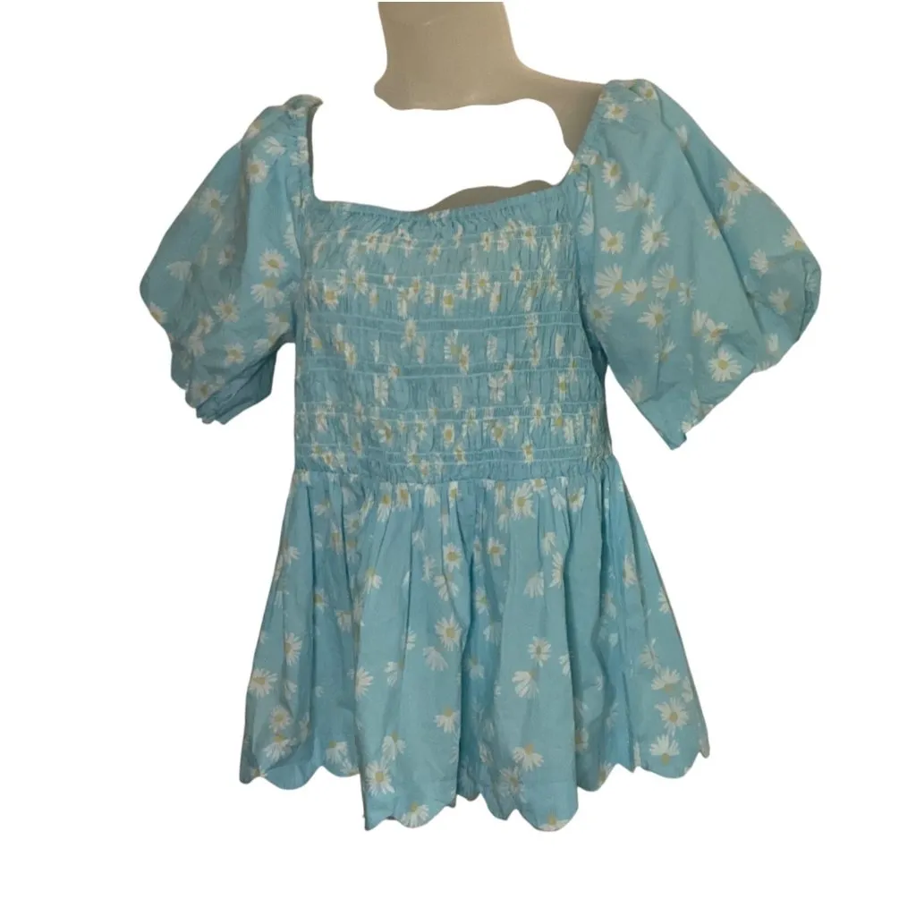 Simply Southern Blue Daisy Print Smocked Off-Shoulder Top L Cotton Scalloped Hem - Image 8