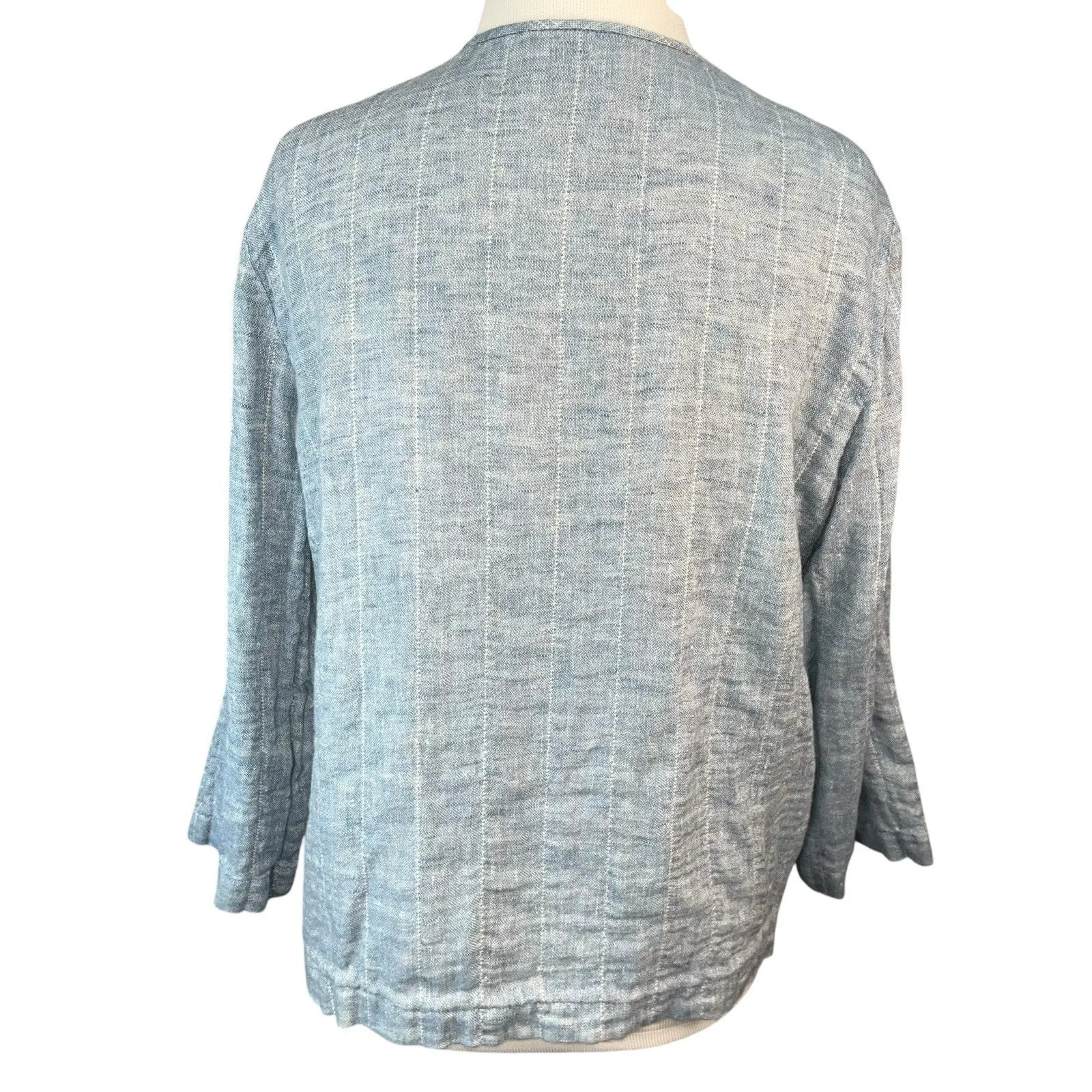 EILEEN FISHER Blazer Organic Linen Cotton Quilted Open‎ Front 3/4 Sleeve Blue M - Image 3