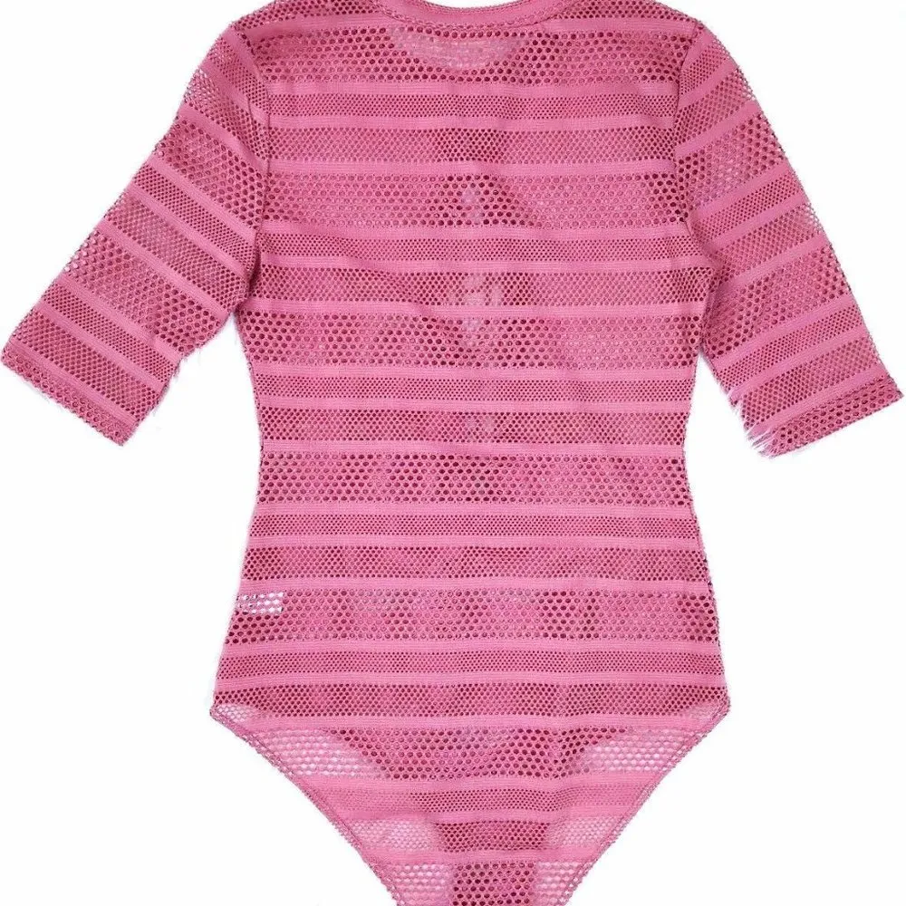 KTOO Eyelet Mesh Bodysuit Lace Up Mauve Pink M Size M - Image 3