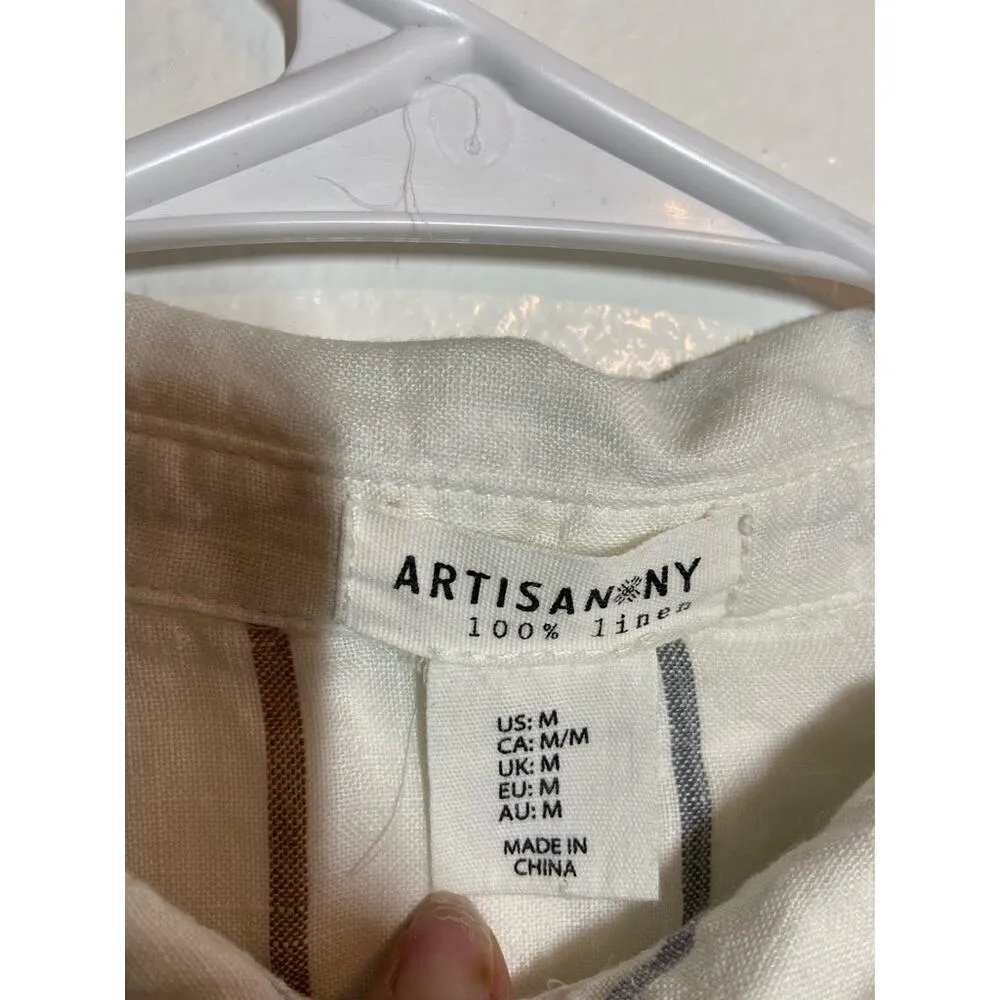 Artisan NY Top 100% Linen 1/2 Button Up Long Sleeve Collared Striped White M - Image 2