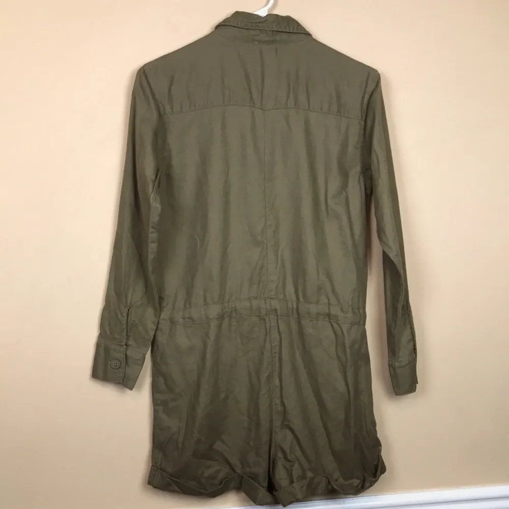 Aerie Women’s Linen Blend Utility Olive Green Long Sleeve Romper Jumpsuit - Image 5