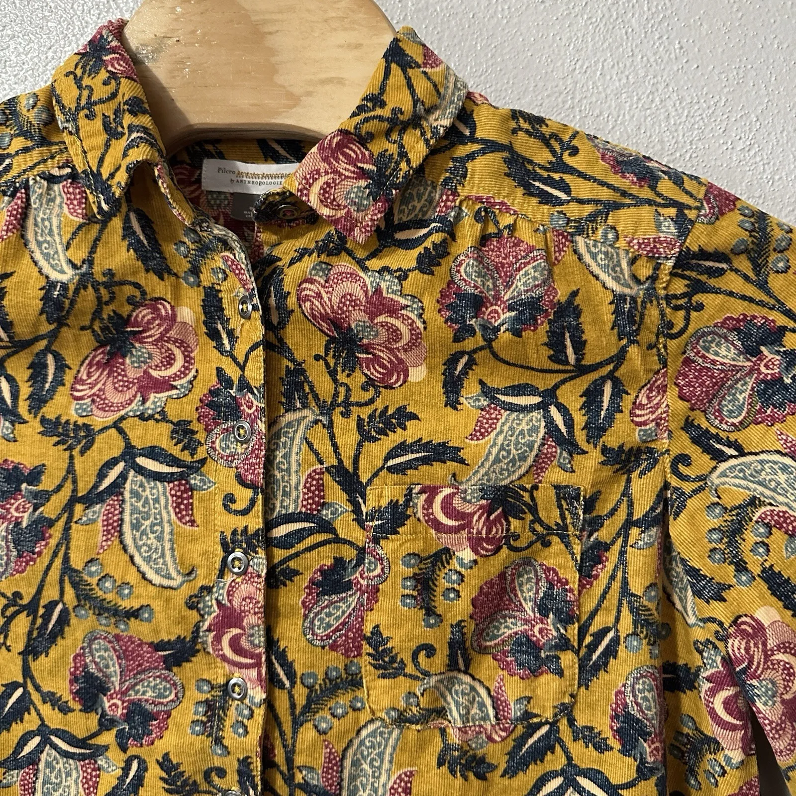 Pilcro Anthropologie Sigourney Corduroy Shirt Yellow Floral Button Up‎ Size SP - Image 2
