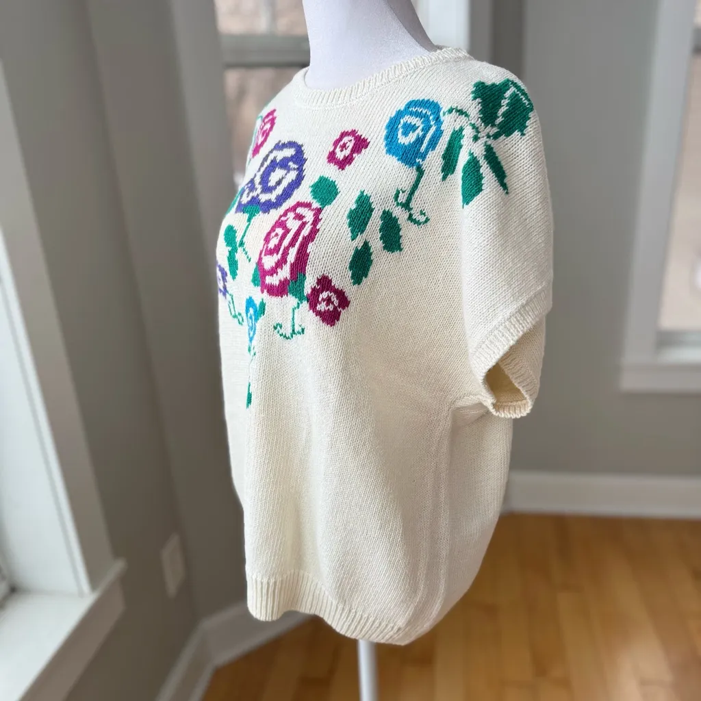 Vintage 80s Lady Devon Ivory Floral Short Dolman Sleeve Knit Top Sweater Size 1X White - Image 2