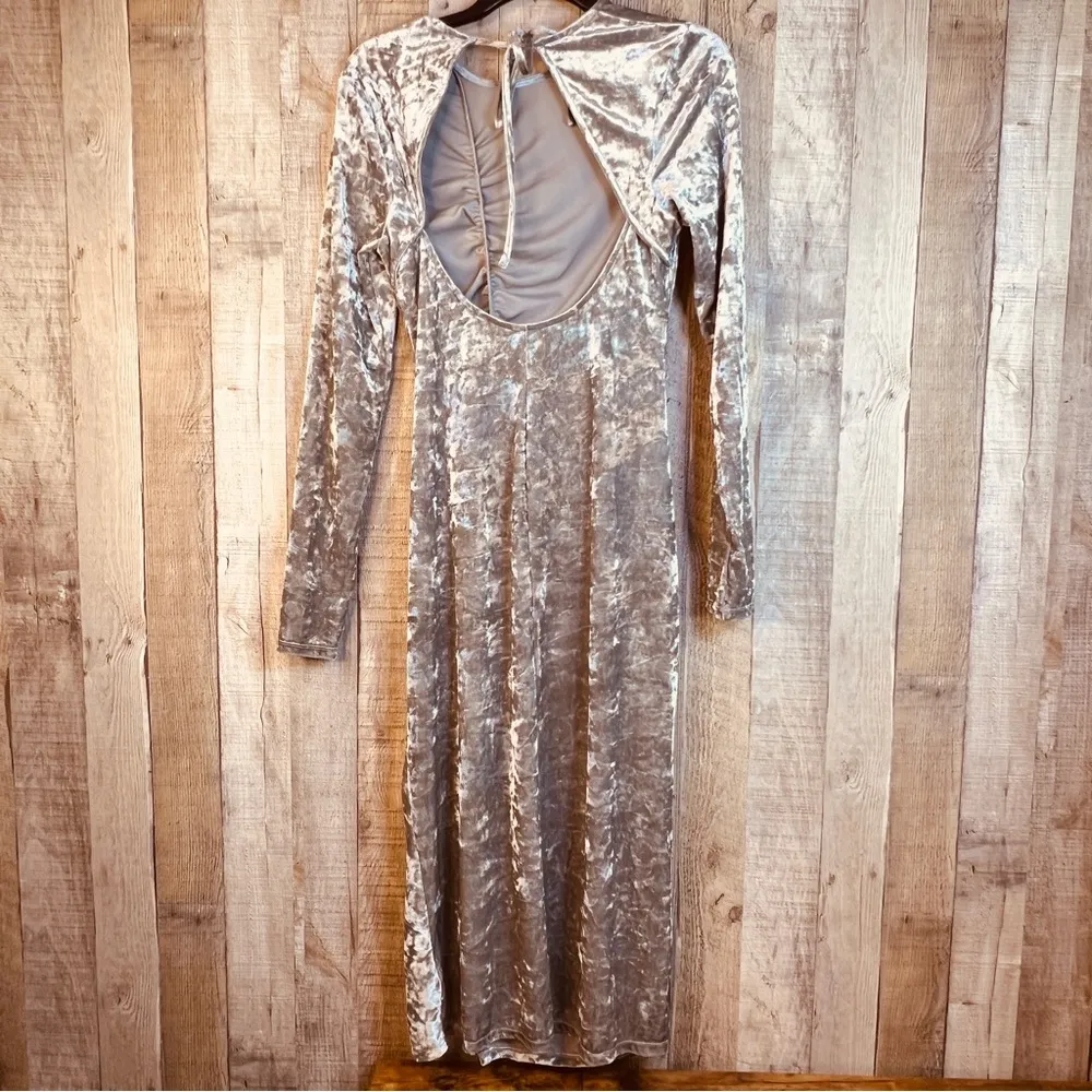 Future Collective Small Silver Velour Ruched Front Long Sleeve Open Back Dress - Image 2
