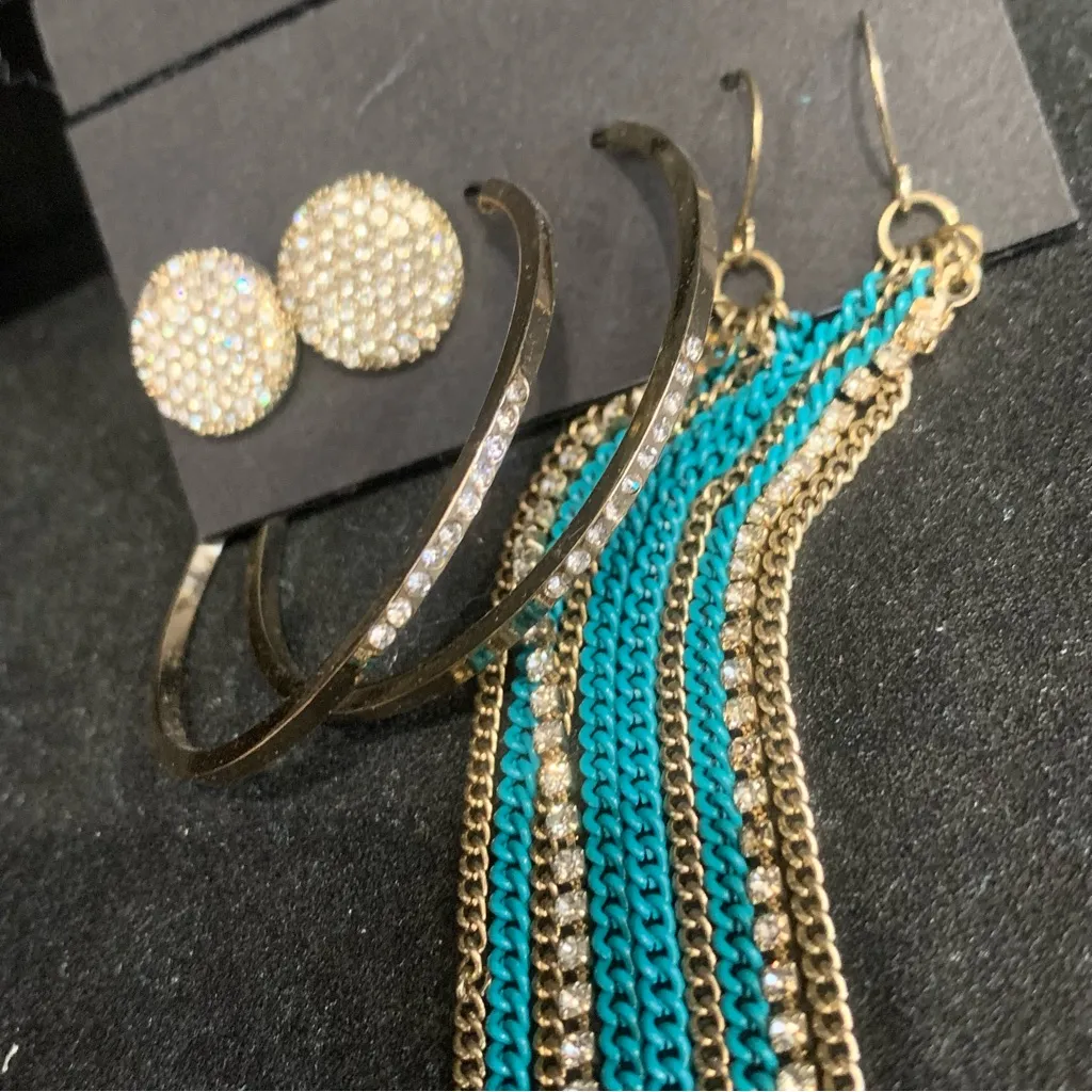 bebe Boho Retro Earring Set Hoop Studs Dangle Blue and Silver with Crystals New - Image 5