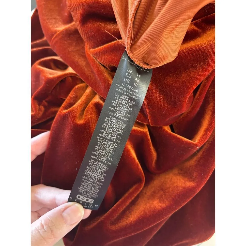 ASOS Rust Velvet Off The Shoulder Wide Leg Jumpsuit Cutout Middle Womens Size 10 - Image 3