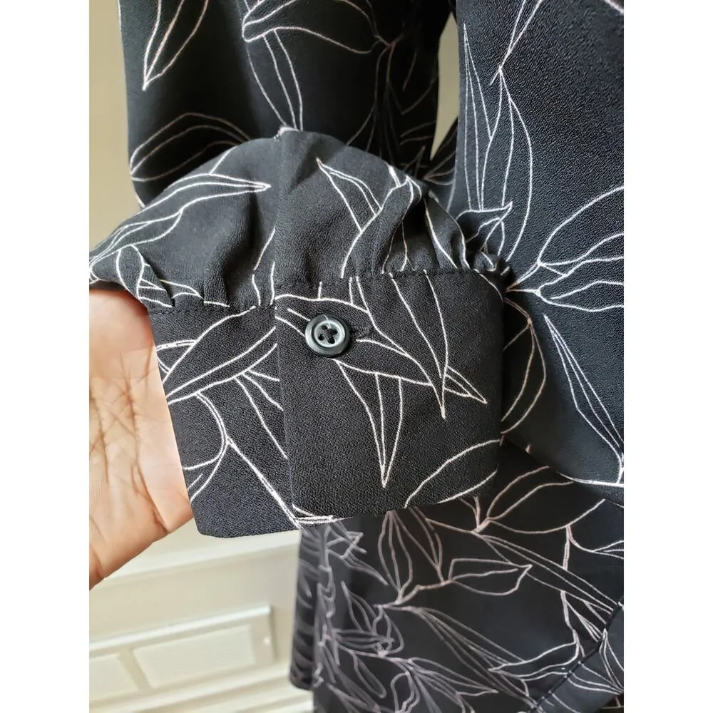 A New Day Shirt Dress Women M Black White Leaf Print Long Sleeve Button Casual - Image 7