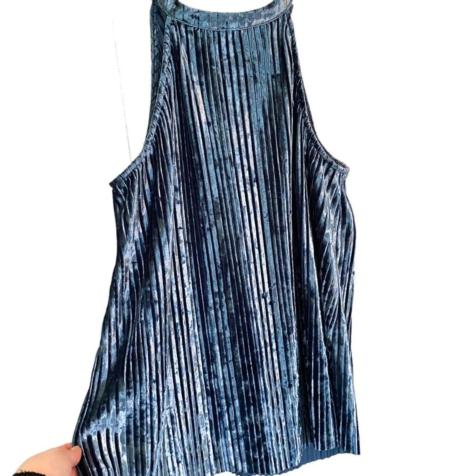 Loverich Blue Crushed Velvet Pleated High Neck Swing Tank Top Size Small Elegant - Image 2