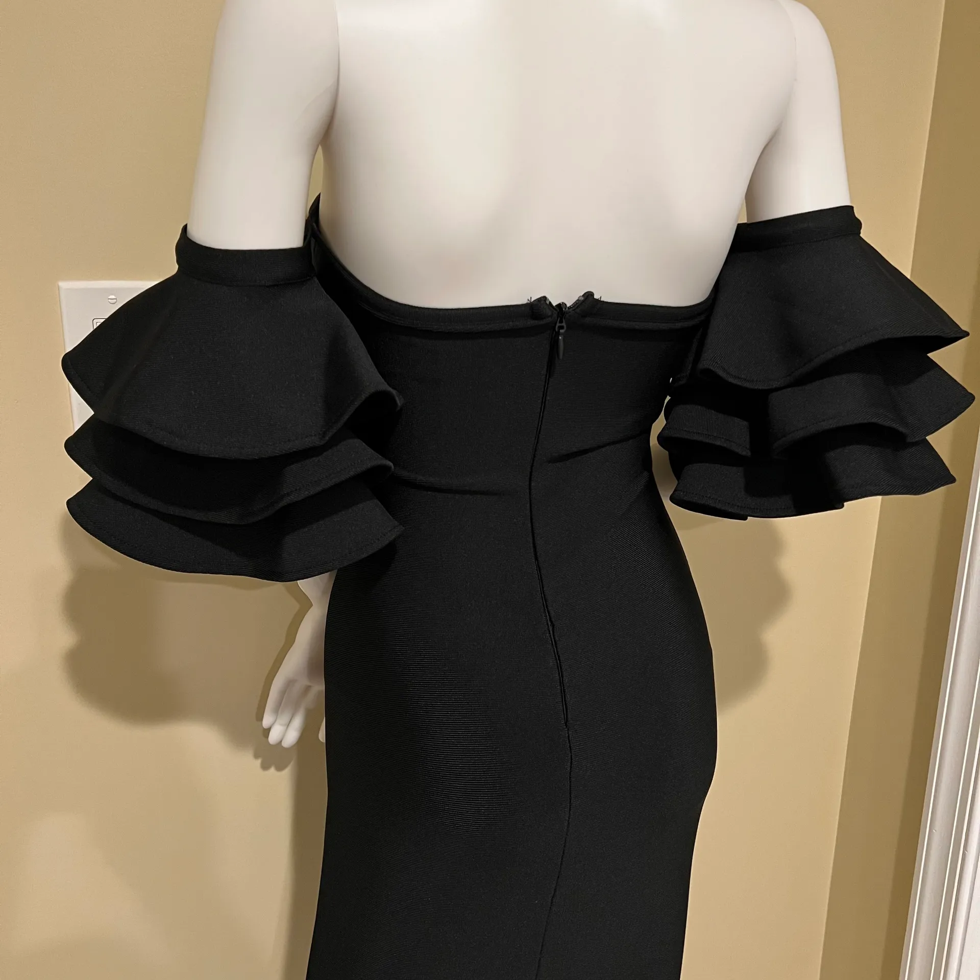 Ruffle Bandage Backless Midi Dress Open Back Slim Fit Bodycon Dress Party Dress Casual Dress Black Size XS - Image 12