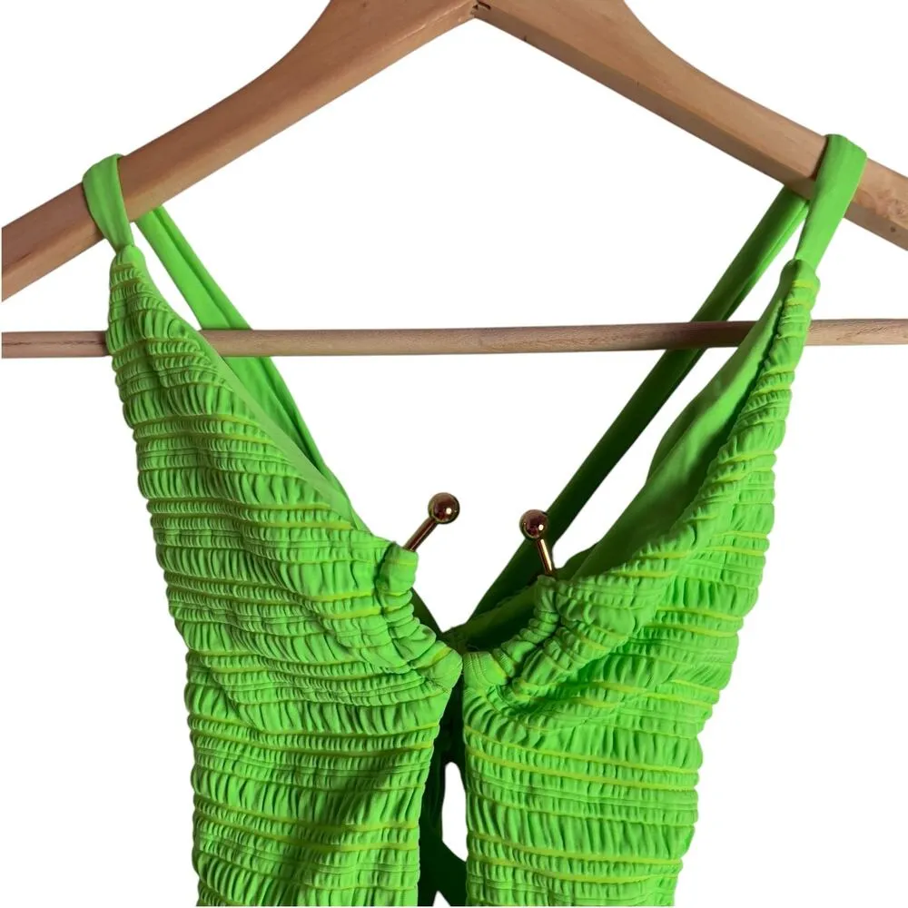 Becca Coast Plunge Neck Lime Green Ribbed One Piece Swimsuit Size Small - Image 4