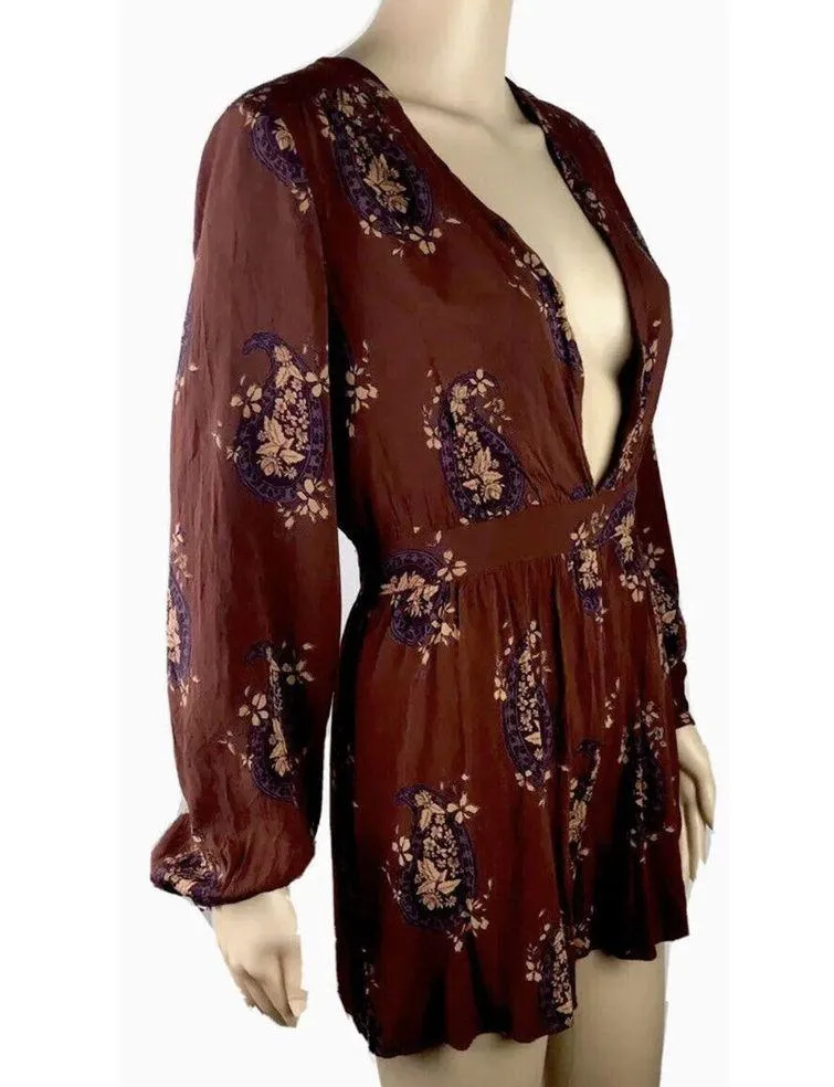 ECOTE Urban Outfitters Charlotte Plunging Romper Sz 2 Brown Floral Long-Sleeve - Image 4