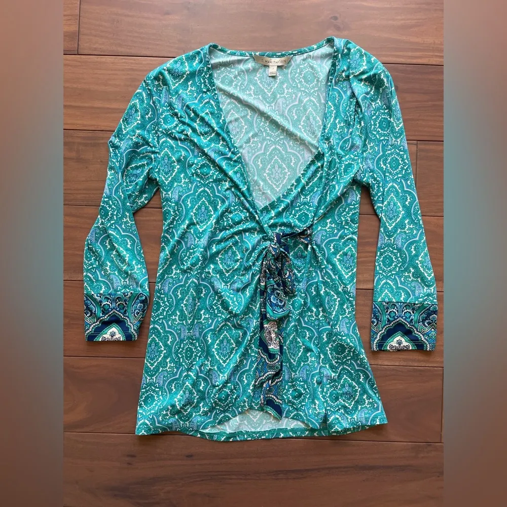 41 Hawthorn Zoolia Venetian Faux Wrap Knit Top Size S Blue - Image 3