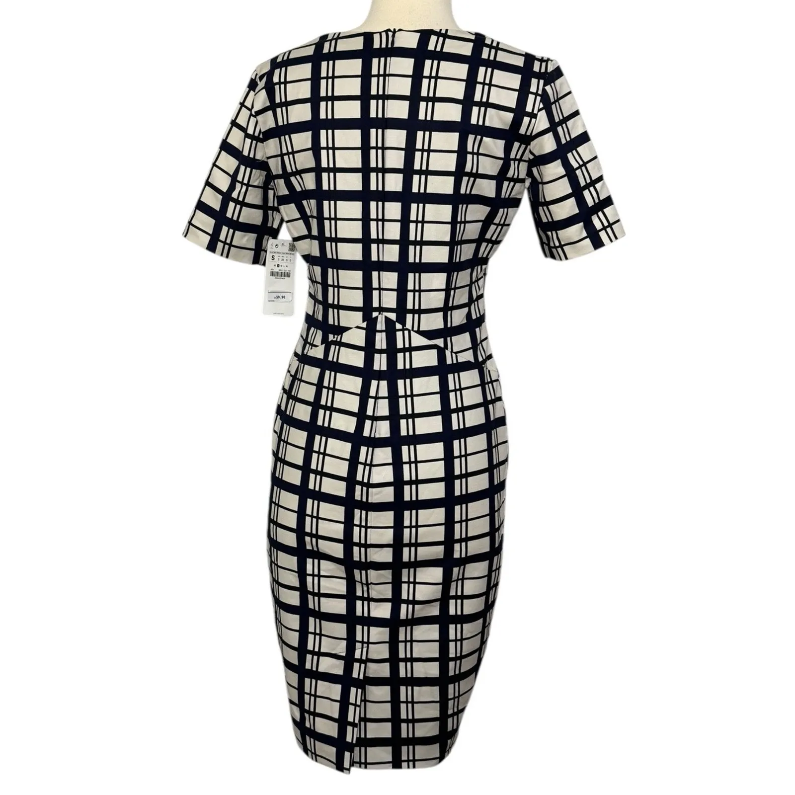 ZARA Pencil Shift Dress Navy Blue White Plaid Short Sleeve Square Neckline Sz S - Image 8