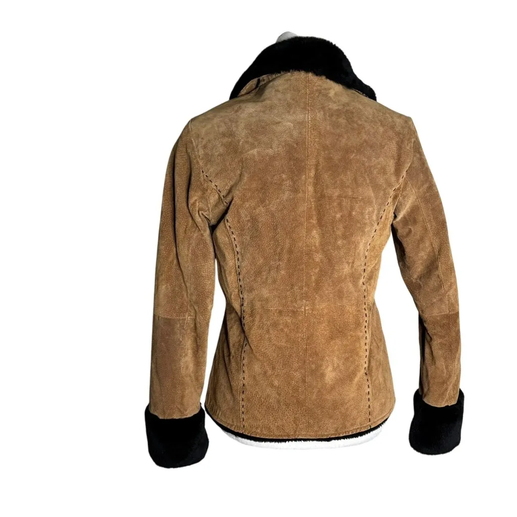Vintage 90s Suede Leather Jacket Medium Black Faux Fur Lining Collar Cuffs Zip Brown - Image 4