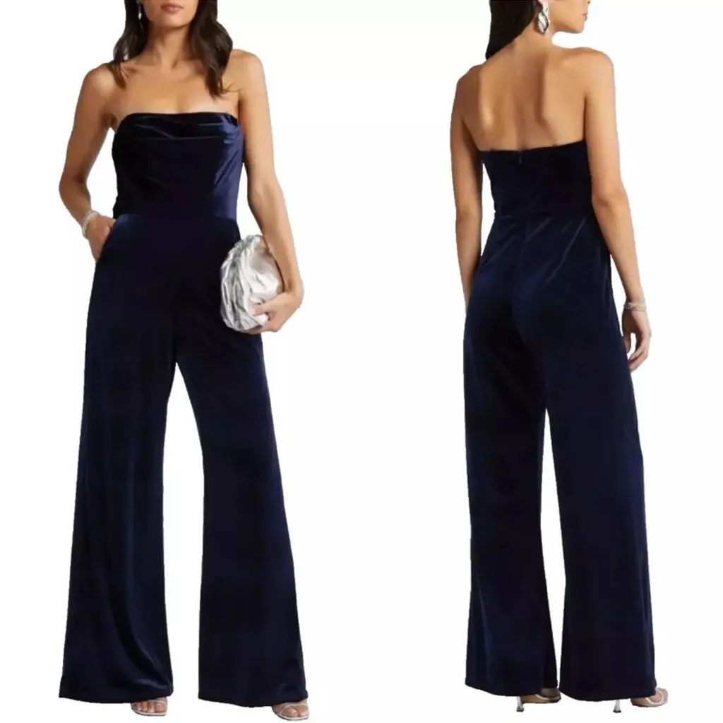 NWOT Amsale Strapless Velvet Jumpsuit sz 2 Blue - Image 3