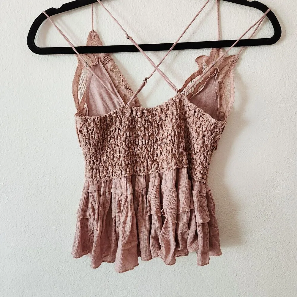 Free People One Adella Cami Blouse Top Crochet Lace Flowy Light Pink Mauve Sz XS - Image 4