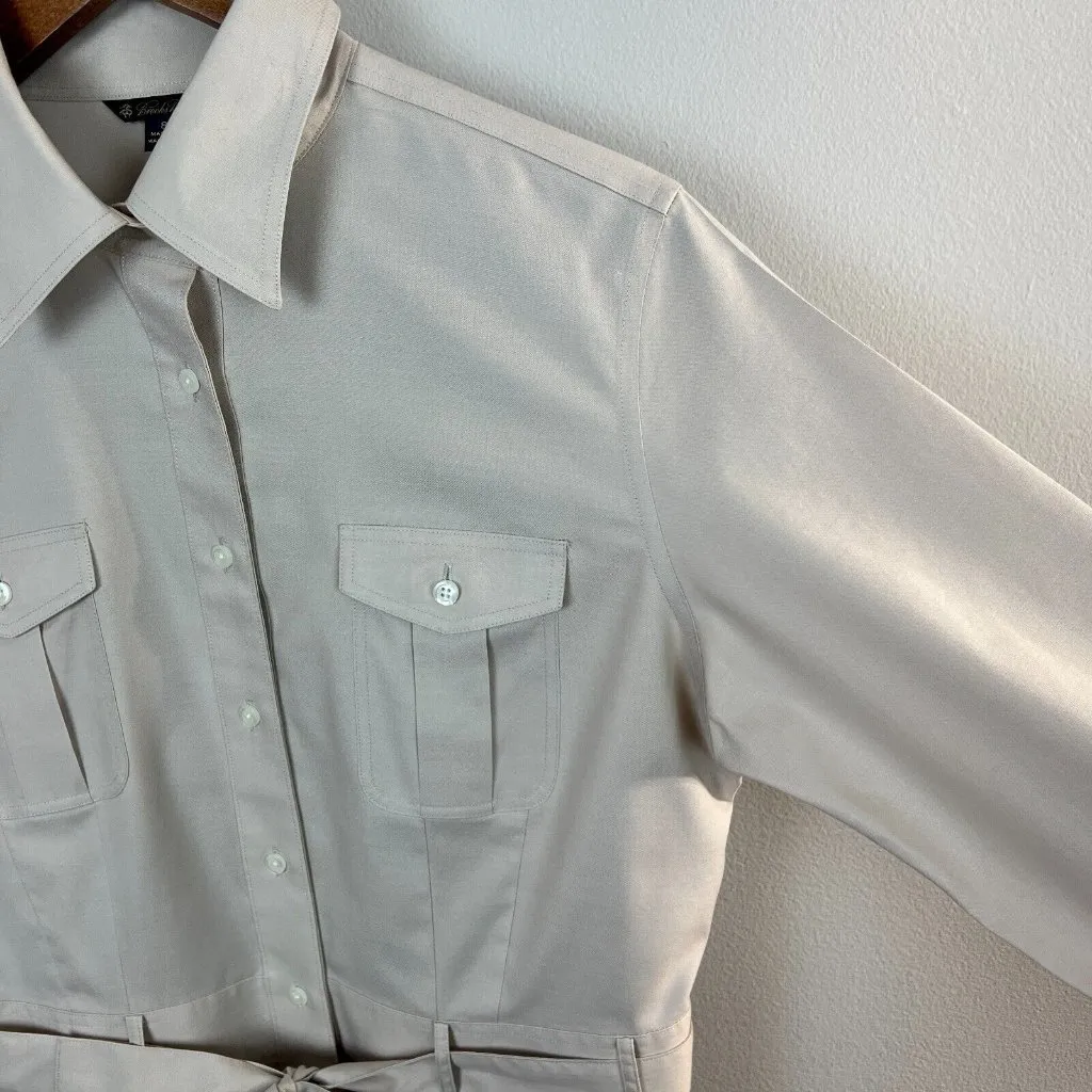 Brooks Brothers‎ Shirt Dress 8 Beige Cargo Safari Belted Long Sleeve Pockets - Image 4