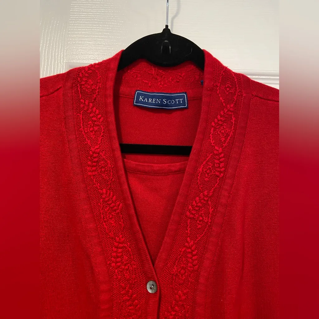 Karen Scott Size L Red Embroidered Button Front Cardigan Sweater Front Lined - Image 5