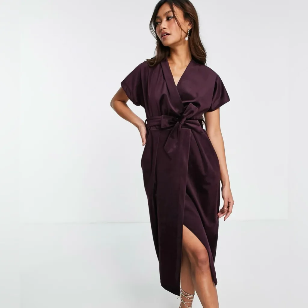 Closet London Kimono Sleeve Velvet Midi Dress with Wrap Tie, Plum, Size 4 Purple - Image 3