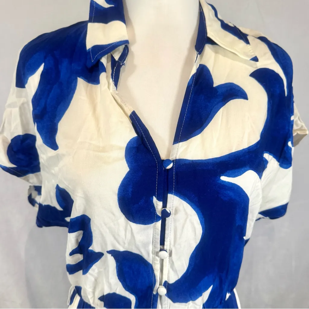 H&M royal blue and white print button front midi dress size small NWT - Image 4