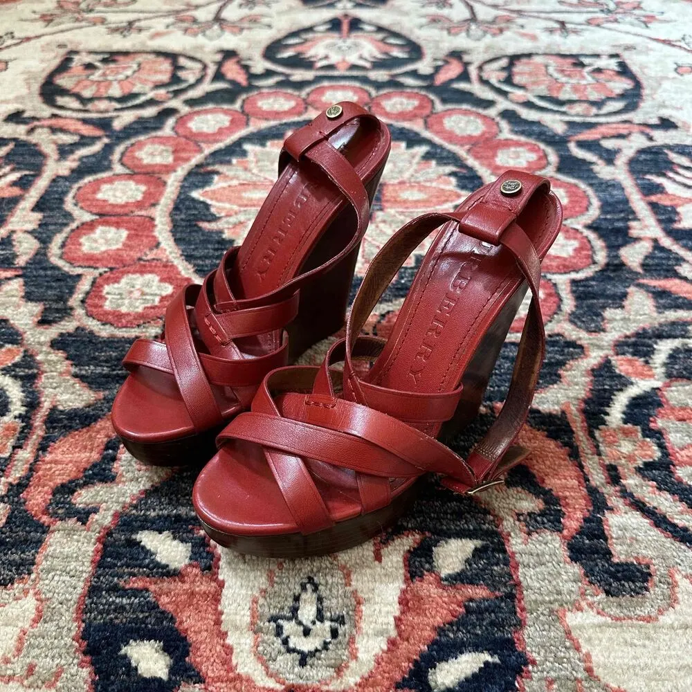 Burberry Red Leather Open Toe Ankle Strap Wedge Sandals - Image 6