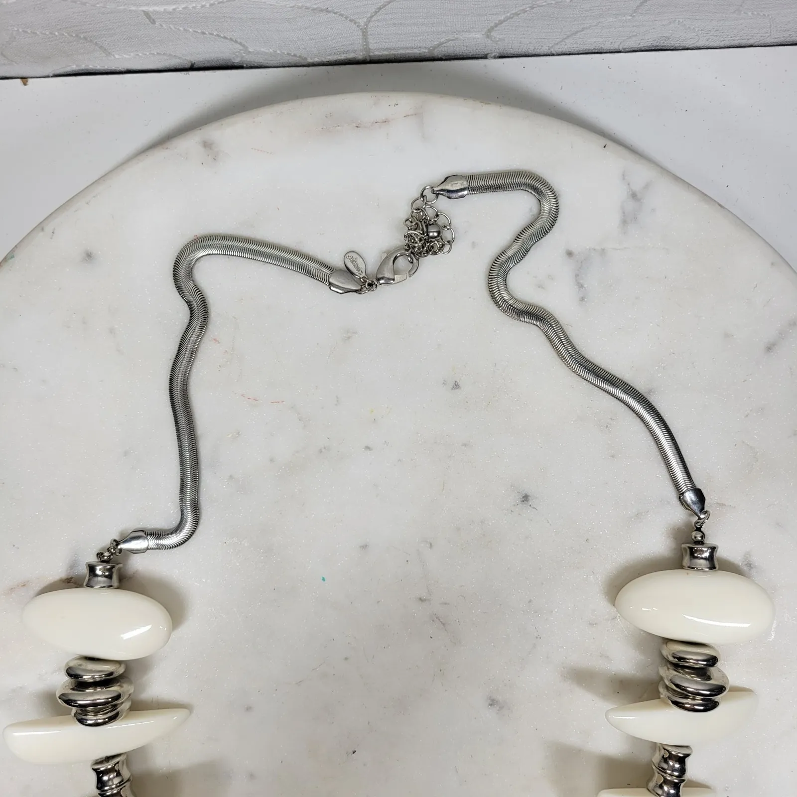 Chico's Statement Necklace White Silver Chunky Beads Snake Chain Modern - Image 10