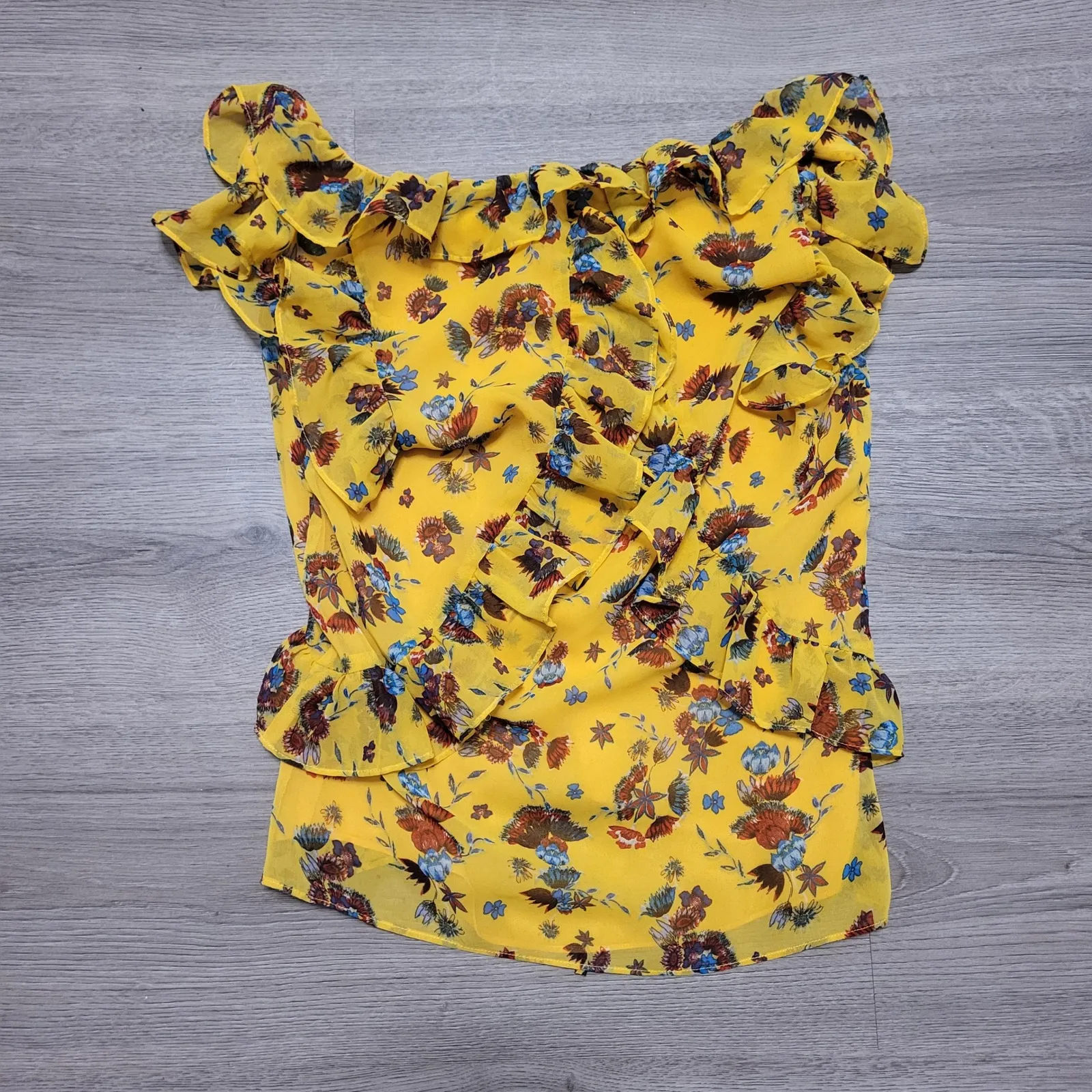 Rebecca Minkoff Yellow Floral Ruffle Tie Blouse Top Bold Bohemian Indie Fairy XS - Image 6