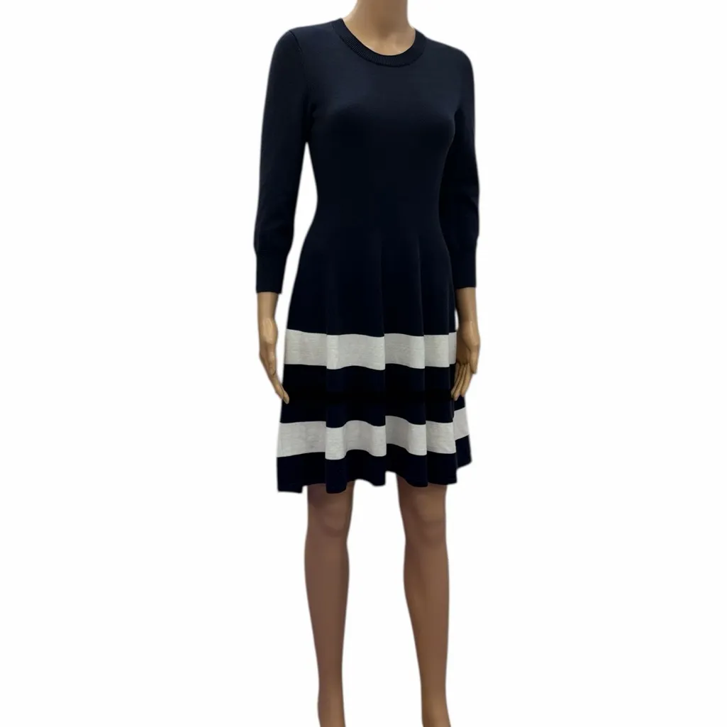 Vince Camuto Navy Striped Fit & Flare Sweater Dress Womens Small - Image 4