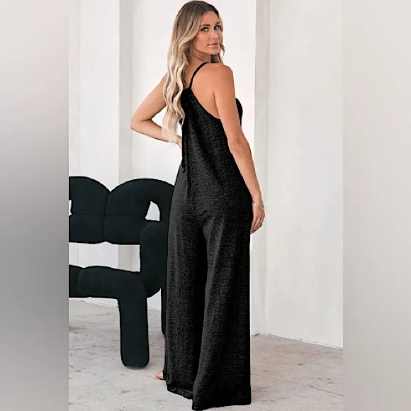 Black Loose Fit Side Pockets Spaghetti Strap Wide Leg Jumpsuit Size M - Image 3