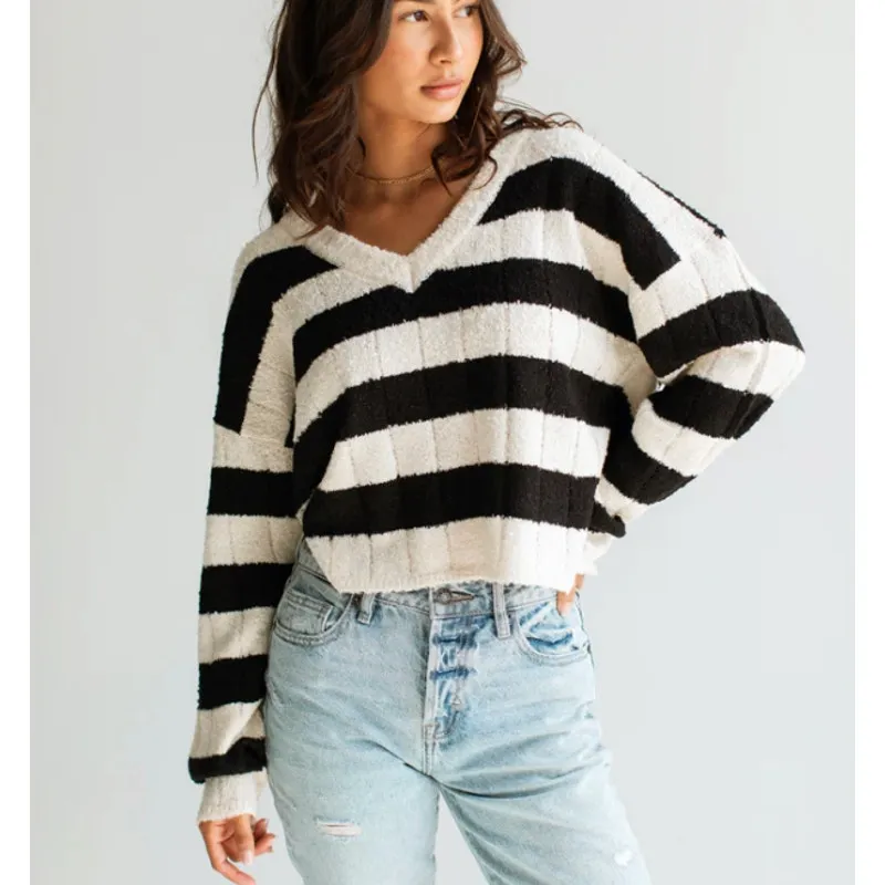 Carly Jean Los Angeles L Celeste Sweater Blac and Cream Striped Black Size L - Image 2