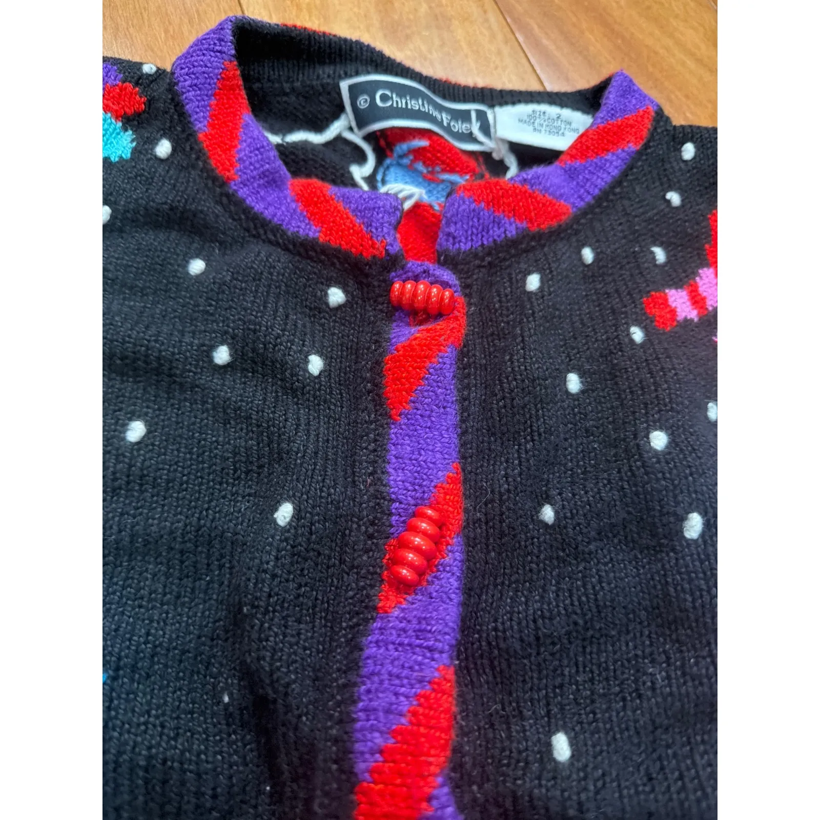 Christine Foley Vintage Black Novelty HandKnit Cardigan Sweater Animals Size 2 Size L - Image 2