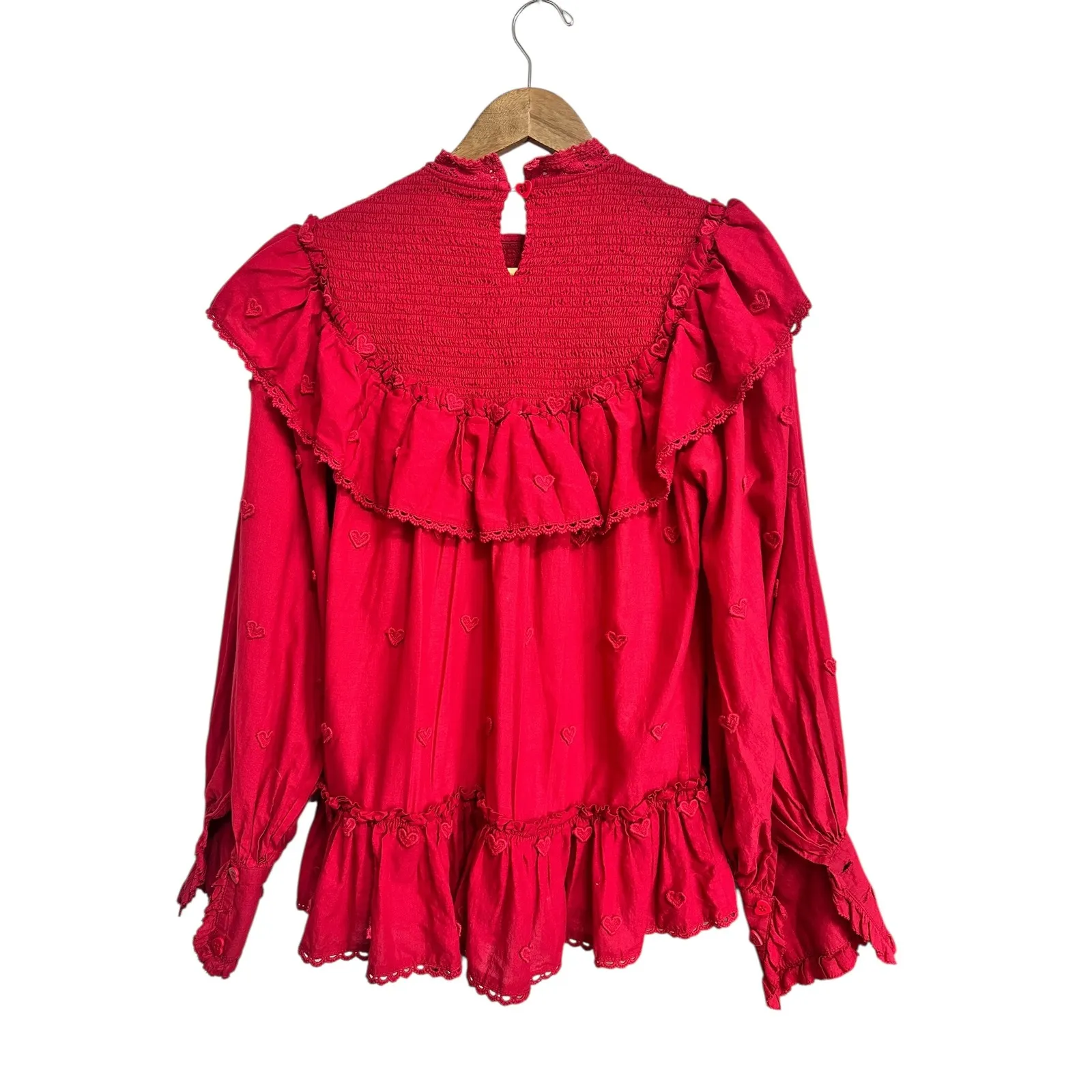 FARM Rio heart applique cotton blouse Smocked Ruffle Mock neck Size S - Image 8