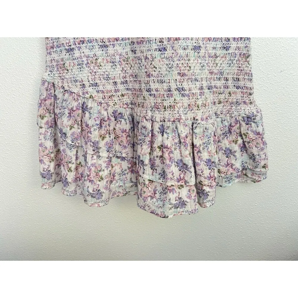 LOVESHACKFANCY Floral Smocked Mini Dress Puff Sleeve Asymmetric Ruffle Coquette - Image 11